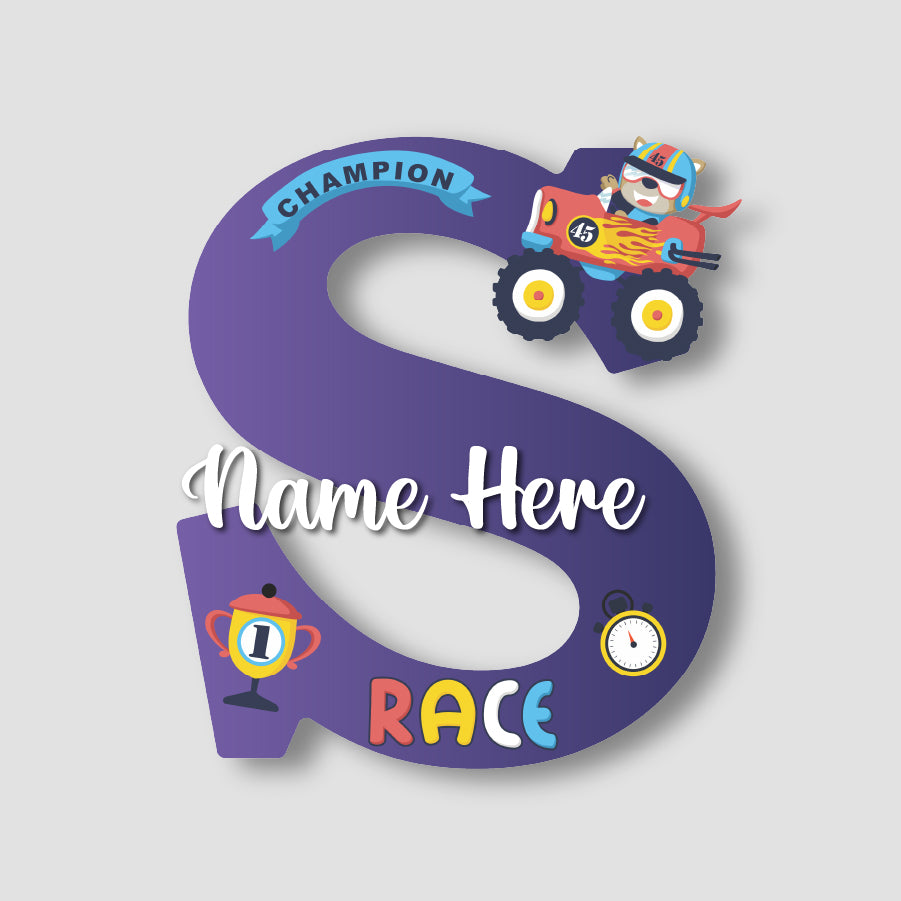 Customized Glossy Acrylic Car Race Theme Name Sign | 9 Inch Champion Racer Personalized Alphabet Nameplate for Kids Room Decor | Includes Hanging Rope/Tape