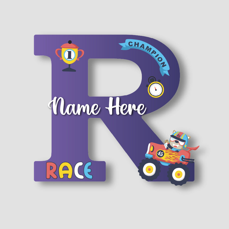 Customized Glossy Acrylic Car Race Theme Name Sign | 9 Inch Champion Racer Personalized Alphabet Nameplate for Kids Room Decor | Includes Hanging Rope/Tape