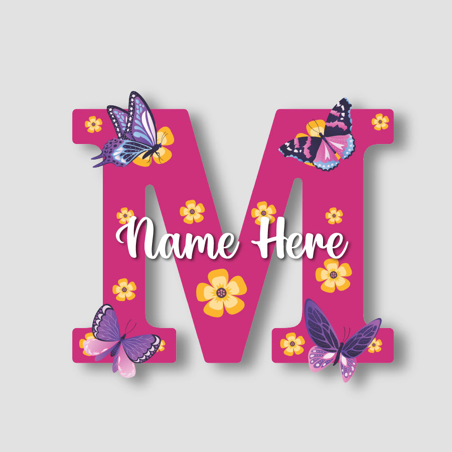 Customized Acrylic Name Sign for Kids Room | 9 Inch Pink Floral Butterfly Initial Wall Decor | Personalized Nameplate Birthday Gift for Girls | Includes Hanging Rope/Tape