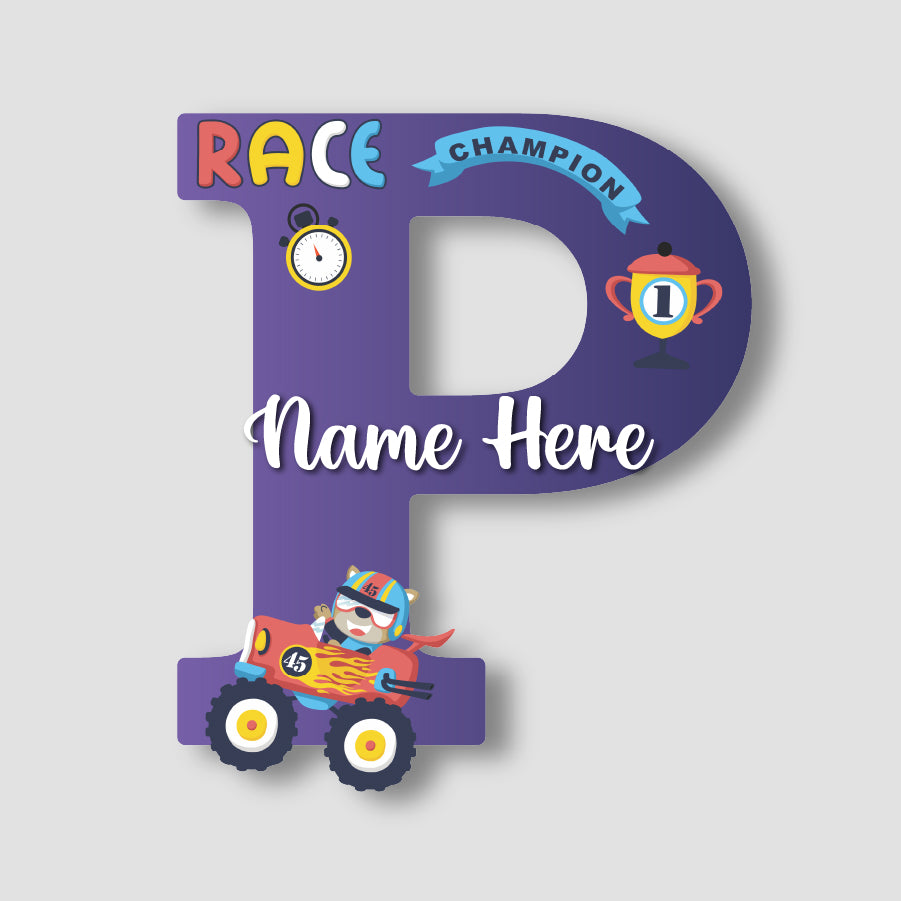 Customized Glossy Acrylic Car Race Theme Name Sign | 9 Inch Champion Racer Personalized Alphabet Nameplate for Kids Room Decor | Includes Hanging Rope/Tape