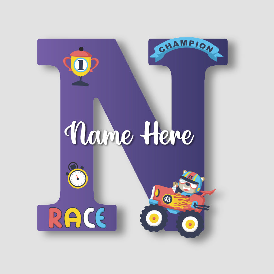 Customized Glossy Acrylic Car Race Theme Name Sign | 9 Inch Champion Racer Personalized Alphabet Nameplate for Kids Room Decor | Includes Hanging Rope/Tape