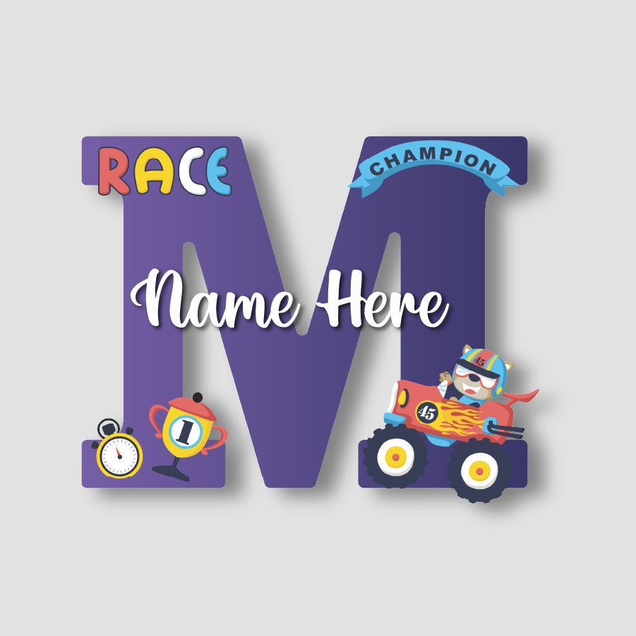 Customized Glossy Acrylic Car Race Theme Name Sign | 9 Inch Champion Racer Personalized Alphabet Nameplate for Kids Room Decor | Includes Hanging Rope/Tape