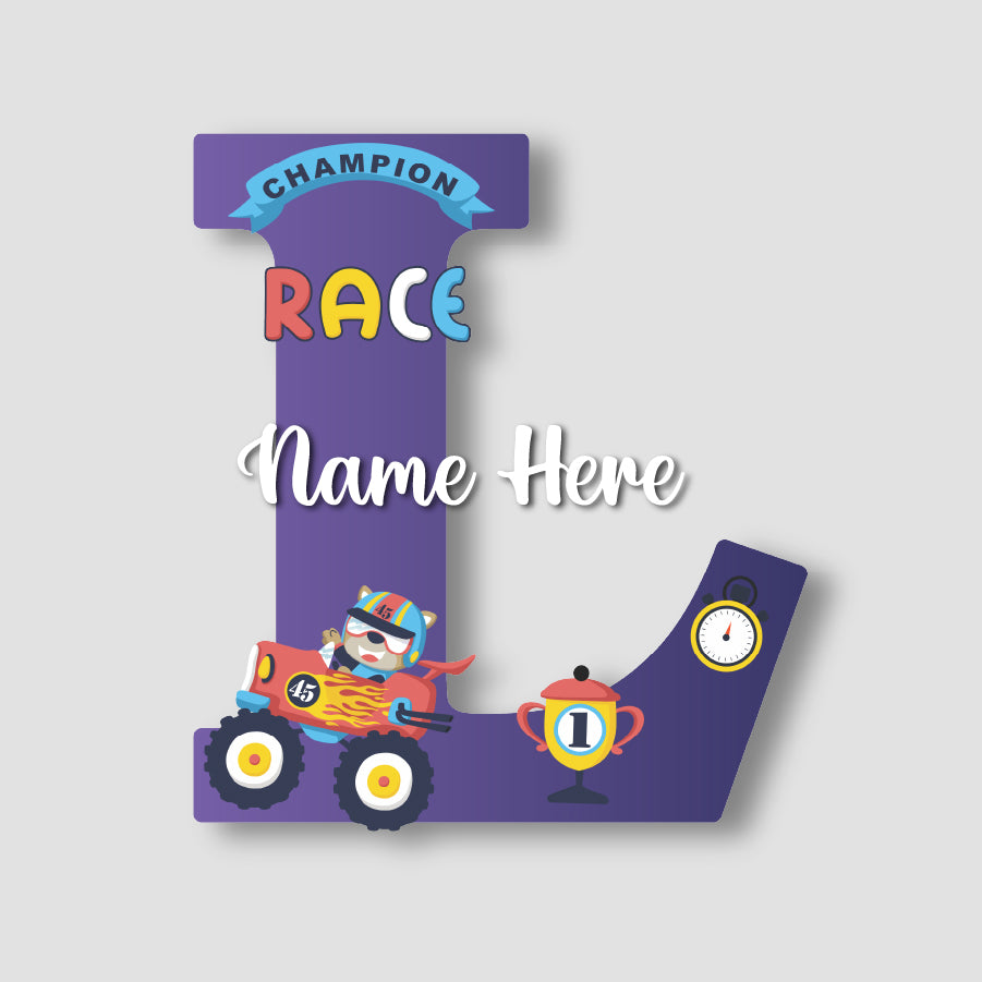 Customized Glossy Acrylic Car Race Theme Name Sign | 9 Inch Champion Racer Personalized Alphabet Nameplate for Kids Room Decor | Includes Hanging Rope/Tape
