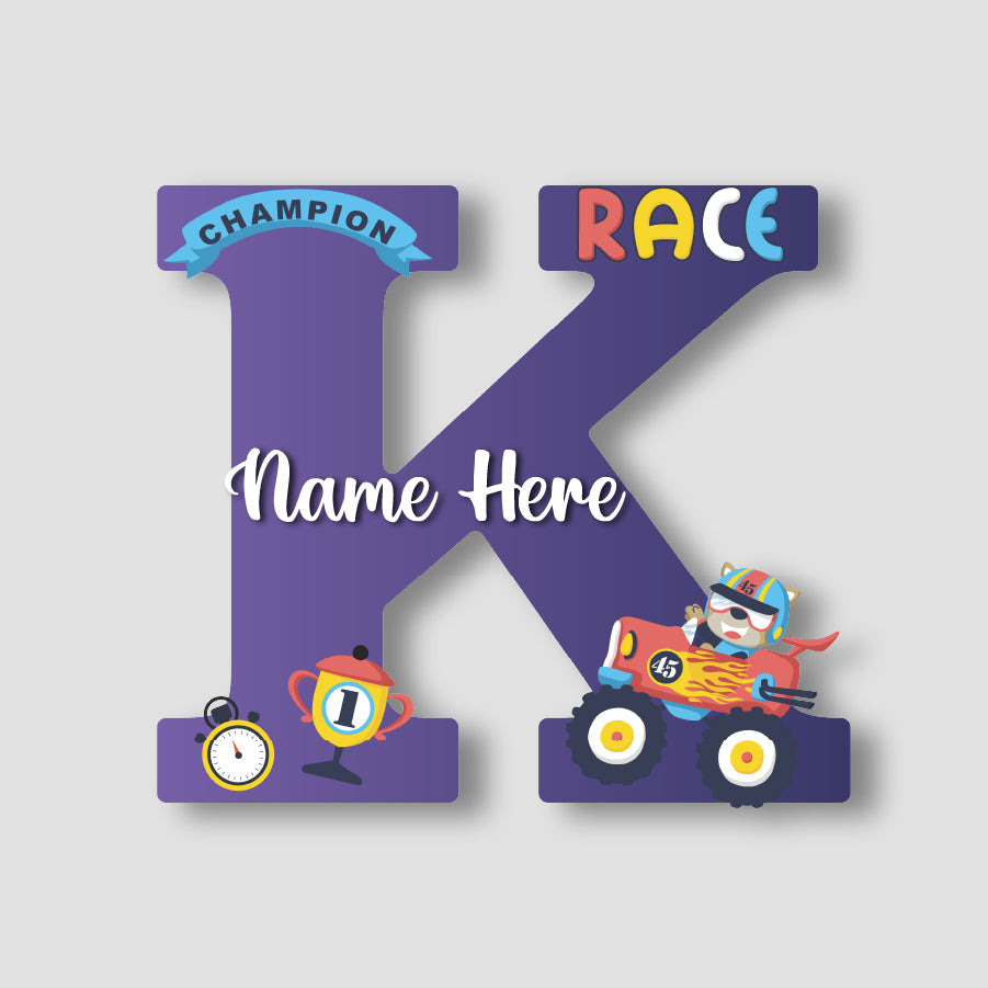 Customized Glossy Acrylic Car Race Theme Name Sign | 9 Inch Champion Racer Personalized Alphabet Nameplate for Kids Room Decor | Includes Hanging Rope/Tape