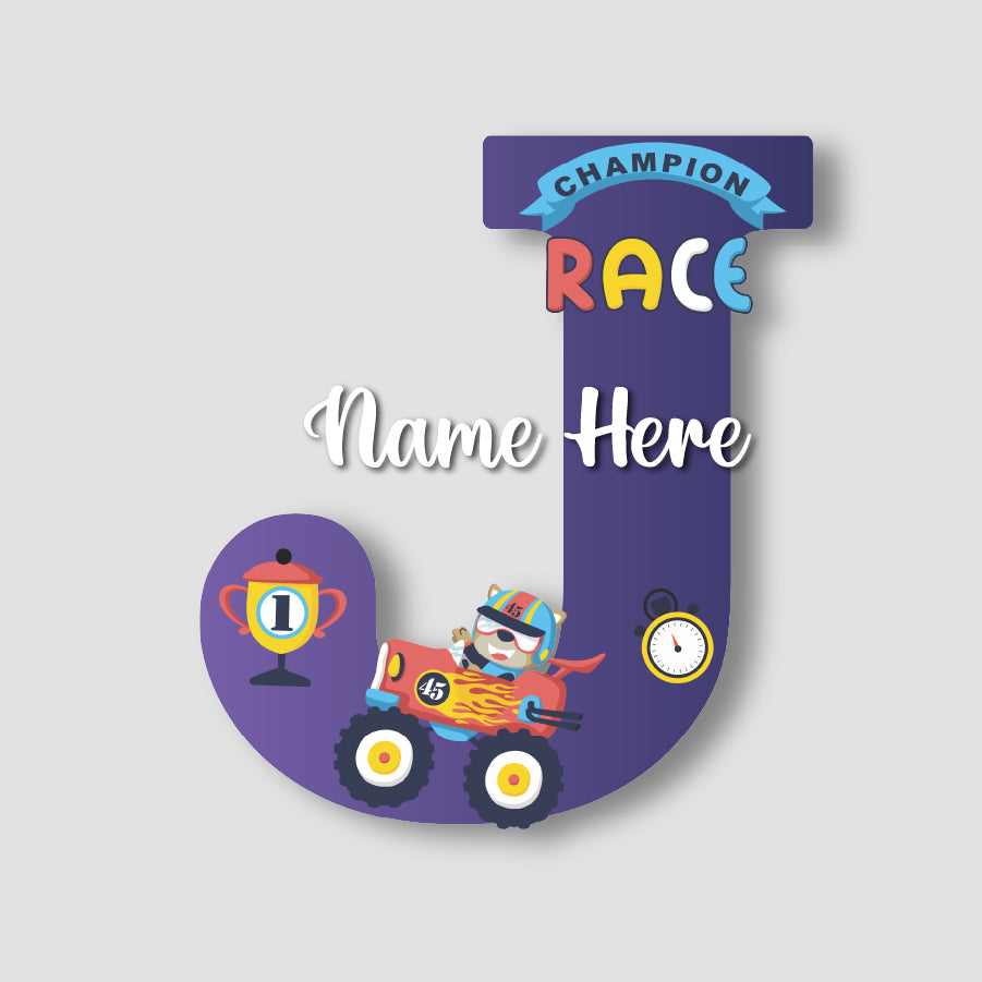 Customized Glossy Acrylic Car Race Theme Name Sign | 9 Inch Champion Racer Personalized Alphabet Nameplate for Kids Room Decor | Includes Hanging Rope/Tape