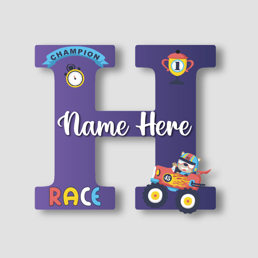 Customized Glossy Acrylic Car Race Theme Name Sign | 9 Inch Champion Racer Personalized Alphabet Nameplate for Kids Room Decor | Includes Hanging Rope/Tape