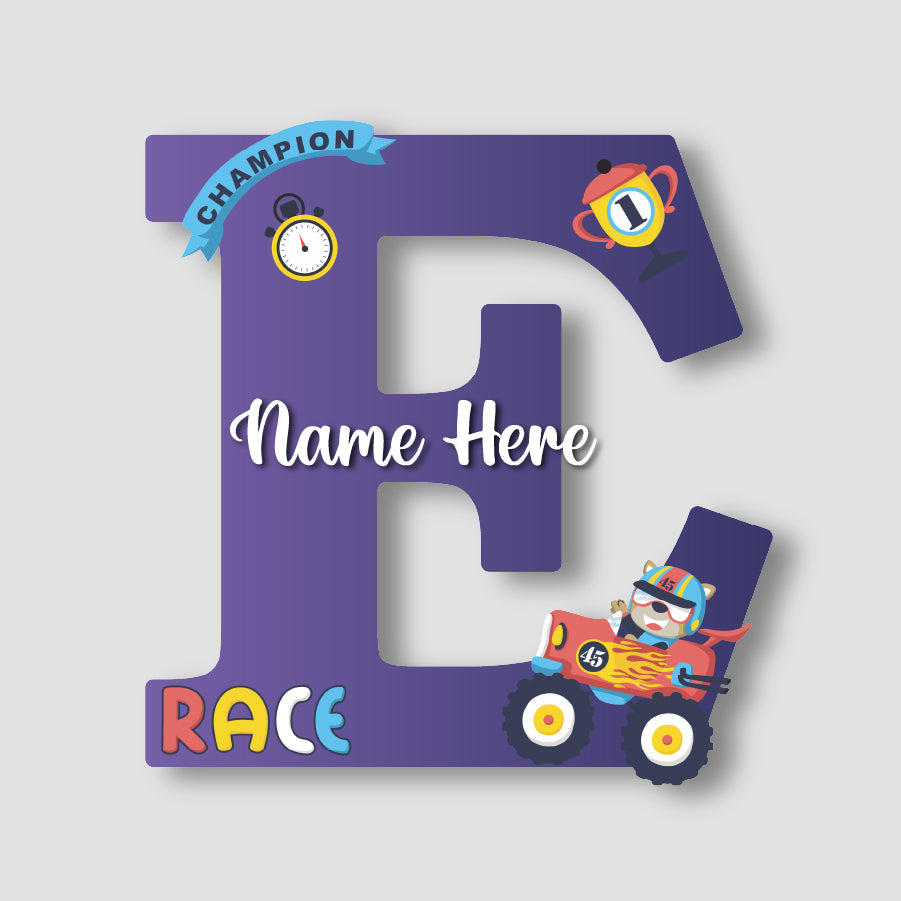 Customized Glossy Acrylic Car Race Theme Name Sign | 9 Inch Champion Racer Personalized Alphabet Nameplate for Kids Room Decor | Includes Hanging Rope/Tape