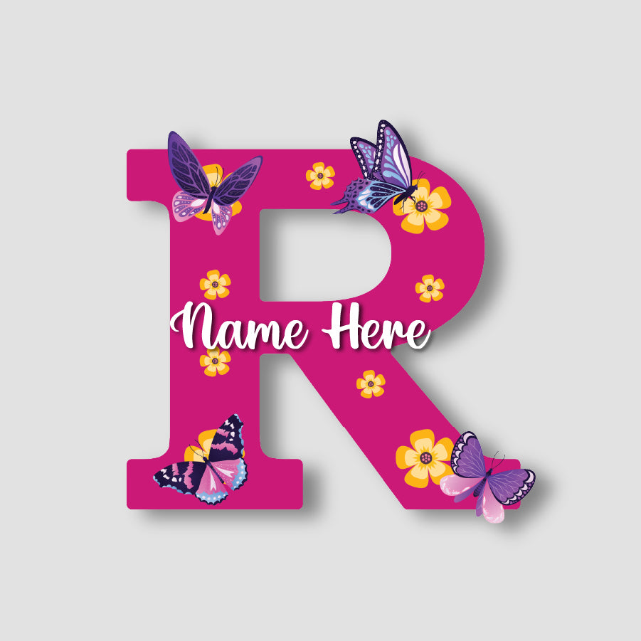 Customized Acrylic Name Sign for Kids Room | 9 Inch Pink Floral Butterfly Initial Wall Decor | Personalized Nameplate Birthday Gift for Girls | Includes Hanging Rope/Tape