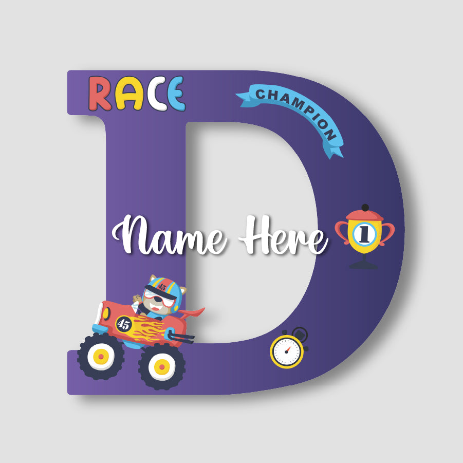 Customized Glossy Acrylic Car Race Theme Name Sign | 9 Inch Champion Racer Personalized Alphabet Nameplate for Kids Room Decor | Includes Hanging Rope/Tape
