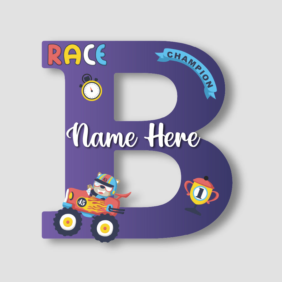 Customized Glossy Acrylic Car Race Theme Name Sign | 9 Inch Champion Racer Personalized Alphabet Nameplate for Kids Room Decor | Includes Hanging Rope/Tape