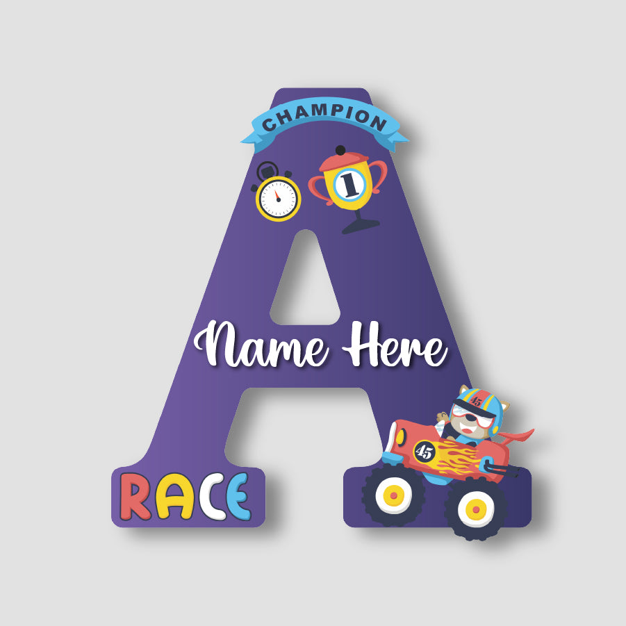 Customized Glossy Acrylic Car Race Theme Name Sign | 9 Inch Champion Racer Personalized Alphabet Nameplate for Kids Room Decor | Includes Hanging Rope/Tape