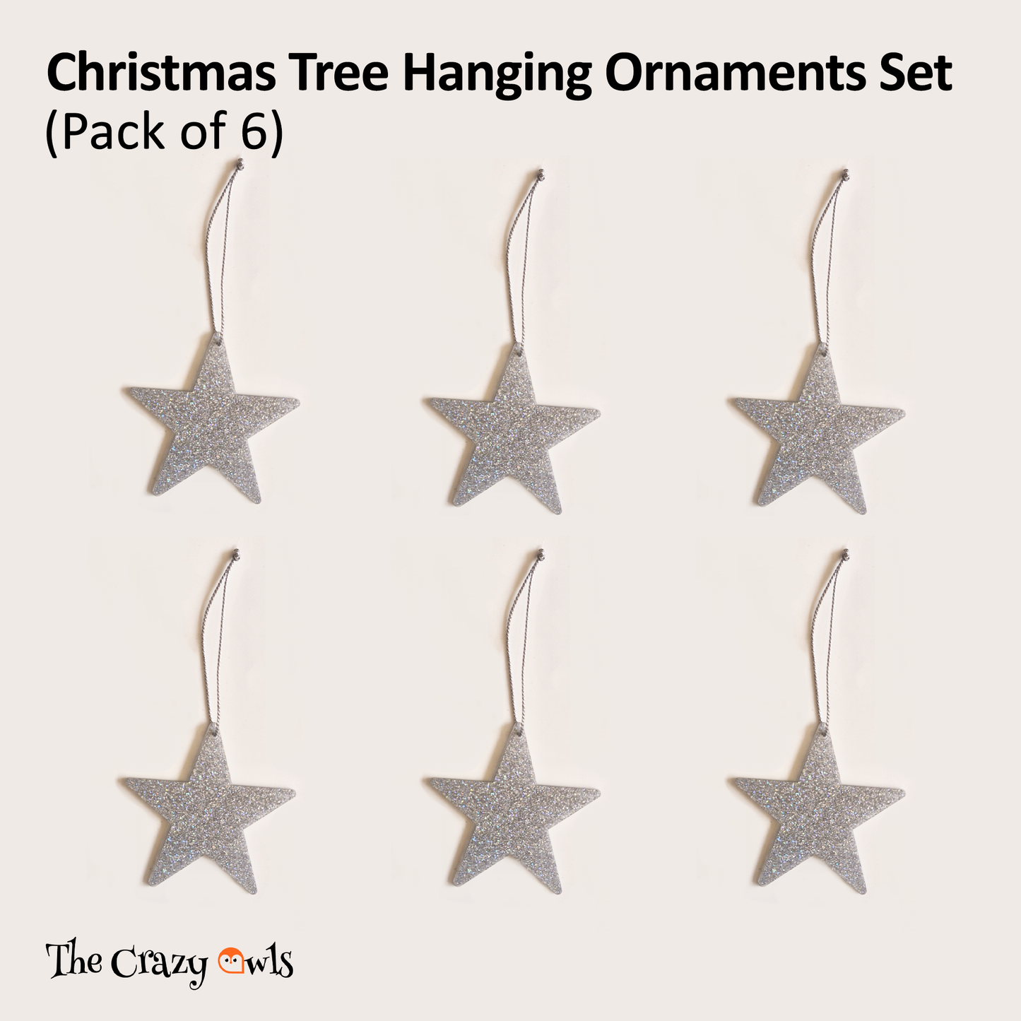 Silver Glitter Acrylic Star Hanging Ornaments Glossy Sparkling Christmas Tree Decorations for Decor, Party Styling, DIY Crafting & New Year Decorations | 3 Inch Set of 3