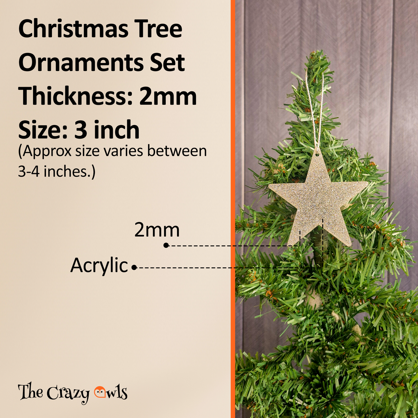 Silver Glitter Acrylic Star Hanging Ornaments Glossy Sparkling Christmas Tree Decorations for Decor, Party Styling, DIY Crafting & New Year Decorations | 3 Inch Set of 3
