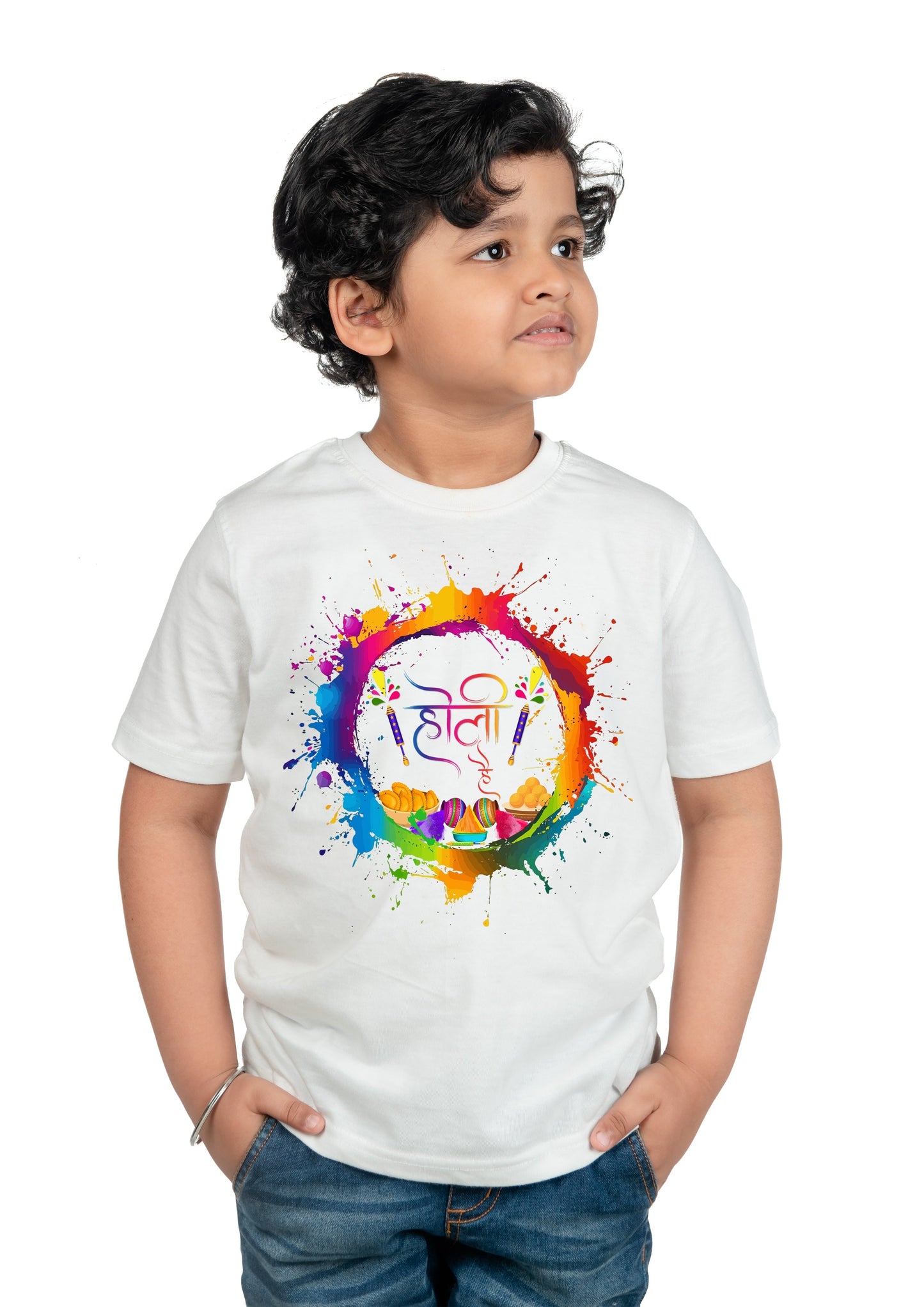 Chombooka Boys & Girls' Colorful Polyester Holi Printed T-Shirt | Festive Fun for Kids | Holi Hai Hindi theme Printed Tee