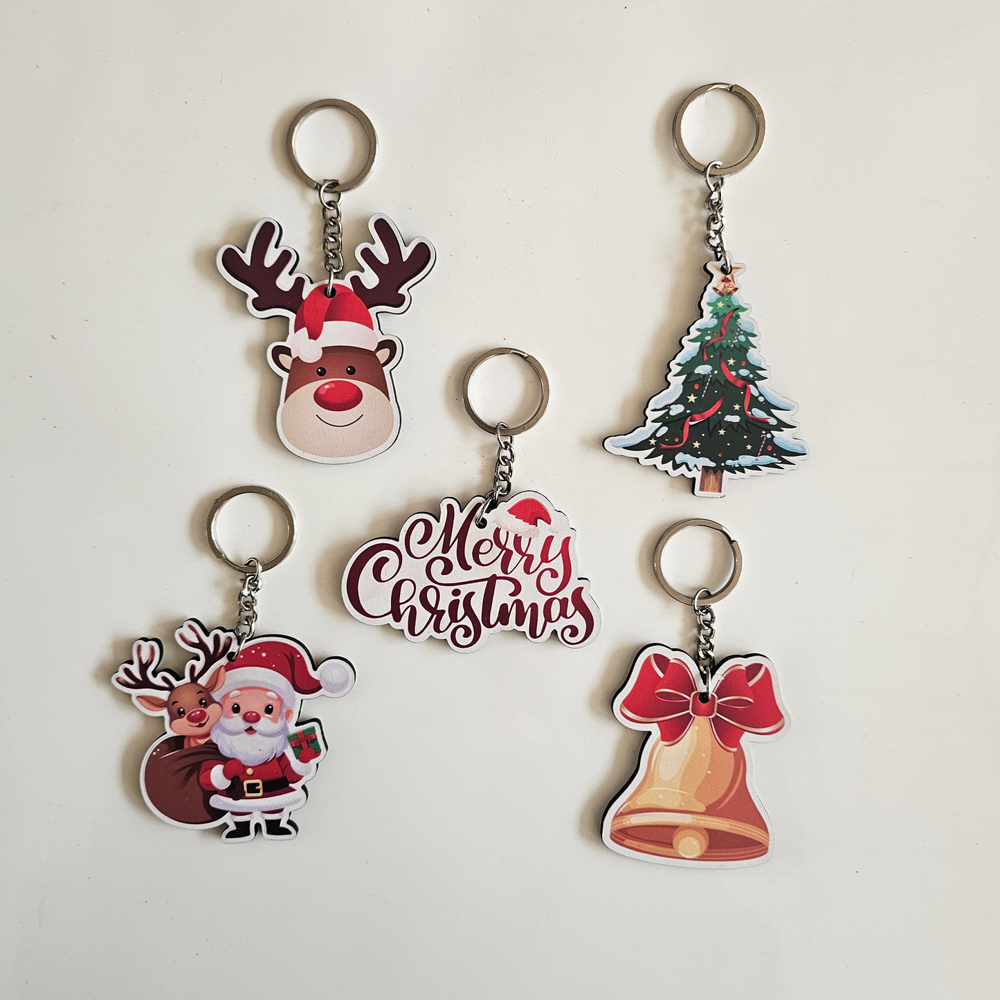 Reindeer, Tree, Merry Christmas, Santa Claus & Bell MDF Keychain | Return Gifts & Secret Santa | Set of 5