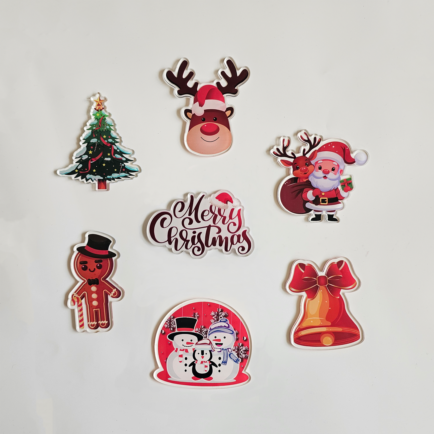 Christmas Fridge Acrylic Magnet Santa Claus, Snowmen, Reindeer, Gingerbread Man, Bell, Christmas Tree & Merry Christmas | Refrigerator Decor, Stocking Stuffers | 4x3 Set of 7