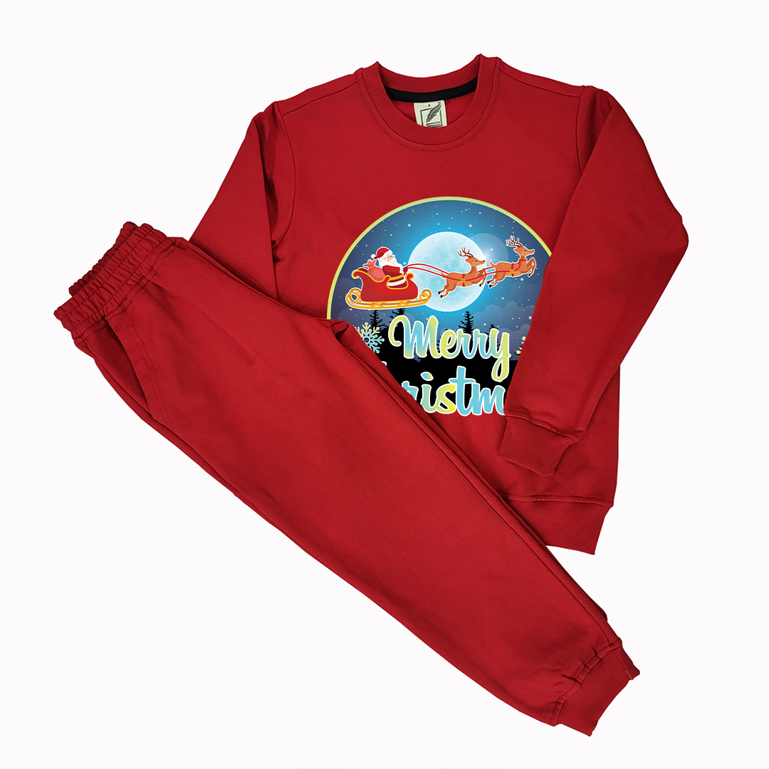 Kids Merry Christmas Sweatshirt Santa Sleigh & Reindeer Flying Over Moon | Cozy Black Winter Wear | Santa Gift for Boys & Girls