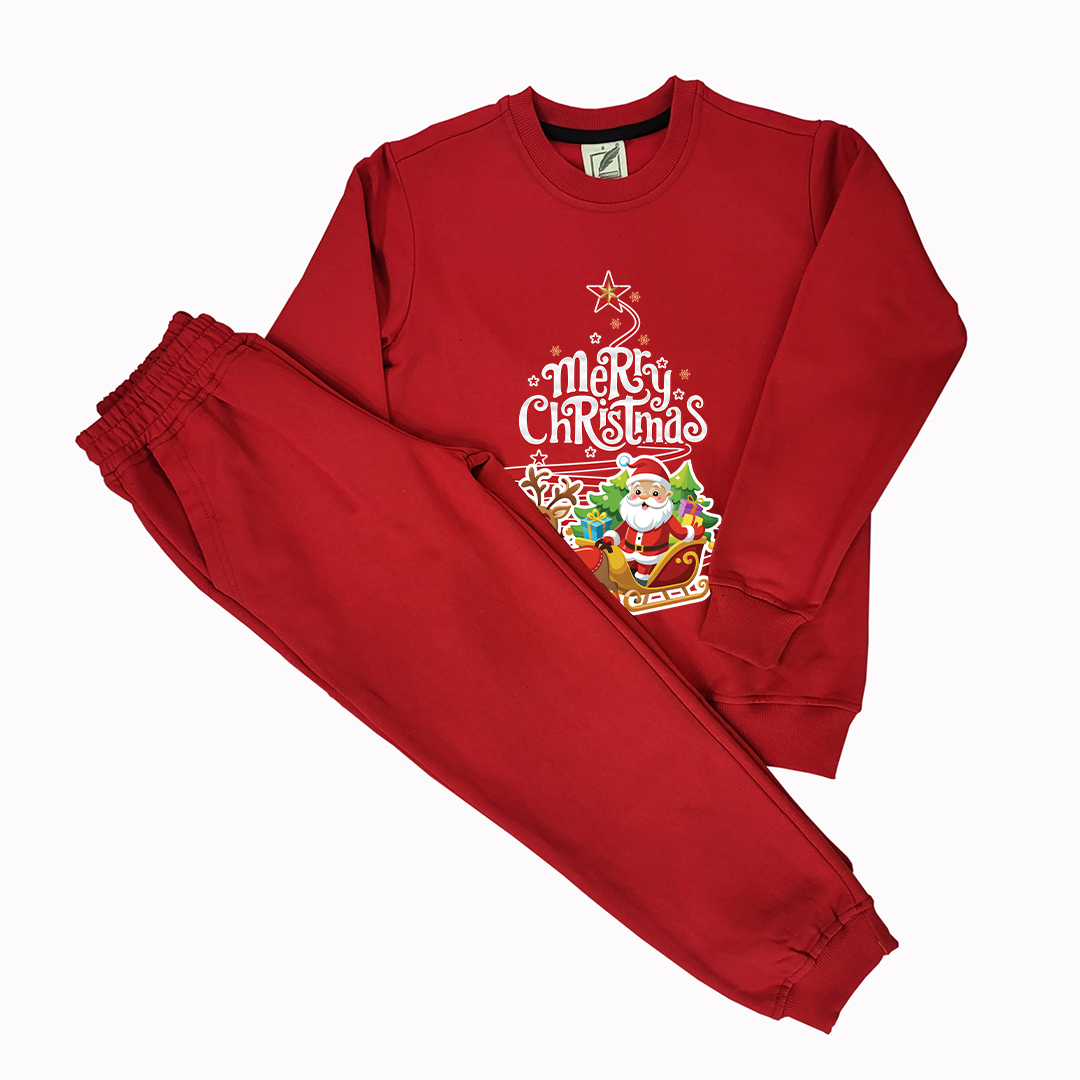 Kids Merry Christmas Sweatshirt Santa Tree & Deer Sleigh | Cozy Winter Holiday Jumper | Christmas Gift Outfit for Boys & Girls
