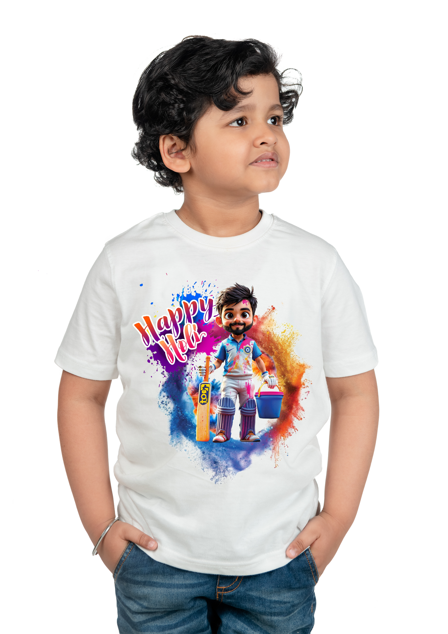 Chombooka Boys & Girls' Colorful Polyester Holi Printed T-Shirt | Festive Fun for Kids | Happy Holi Cricket Theme Printed Tee | Set of 1