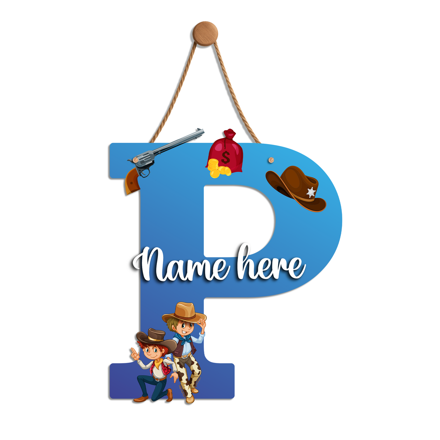Customized Acrylic Cowboy Theme Letter Sign 9 Inch | Custom Name for Boys Room | Western Style Alphabet Nameplate Decor & Gift | Includes Hanging Rope/Tape