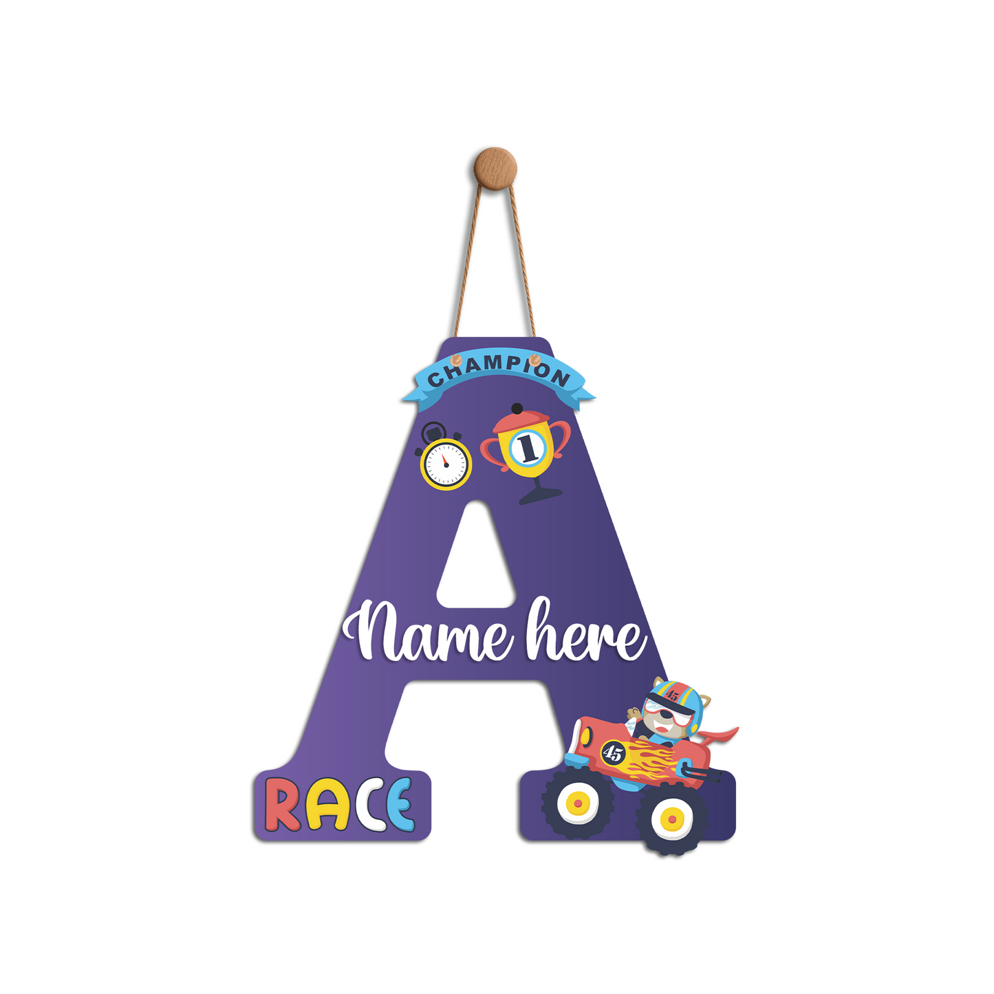 Customized Glossy Acrylic Car Race Theme Name Sign | 9 Inch Champion Racer Personalized Alphabet Nameplate for Kids Room Decor | Includes Hanging Rope/Tape