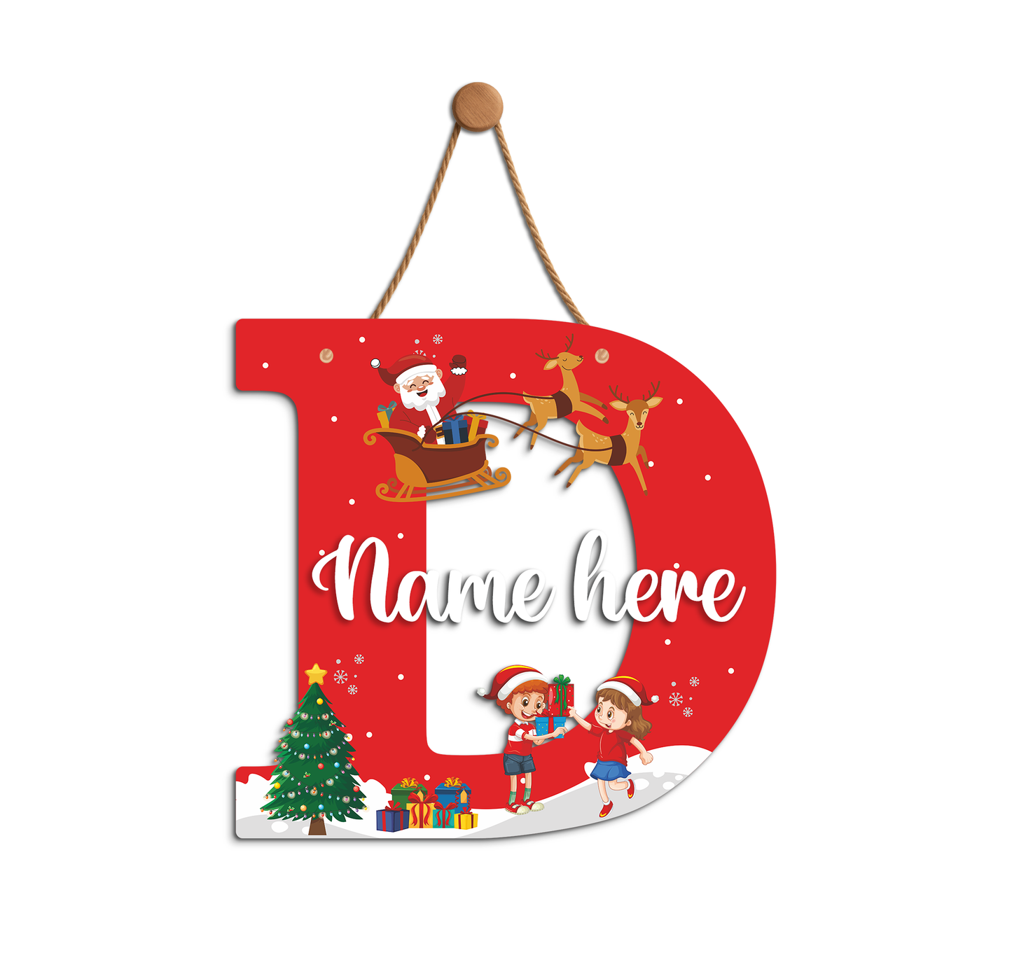 Customized Acrylic Name Sigh Christmas for Kids Room | 9 Inch Santa & Reindeer Design | Personalized Nameplate Christmas Gift | Includes Hanging Rope/Tape