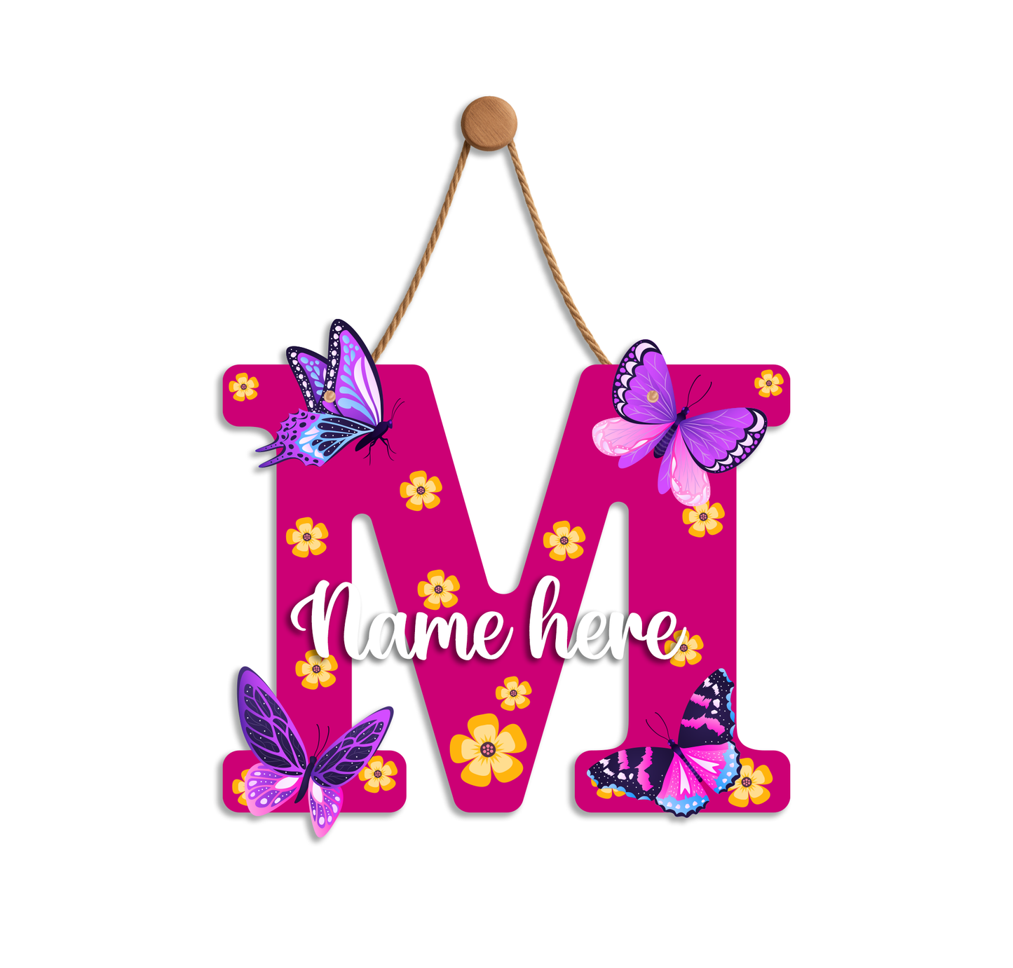 Customized Acrylic Name Sign for Kids Room | 9 Inch Pink Floral Butterfly Initial Wall Decor | Personalized Nameplate Birthday Gift for Girls | Includes Hanging Rope/Tape
